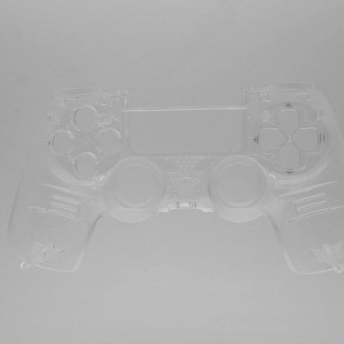 Ein durchsichtiges PS4 Front Case transparentes Gehäuse JDM040 ist vor einem schlichten, hellgrauen Hintergrund zentriert und erinnert an den ikonischen PlayStation-Stil.