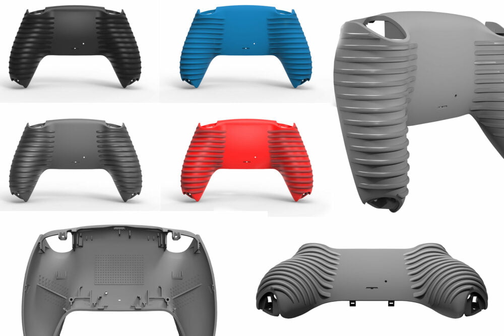 Vier PS5 Grip Gehäuse Softtouch Hüllen sind in schwarz, blau, grau und rot abgebildet. Jede ergonomische Abdeckung wird von der Rückseite angezeigt und verfügt über strukturierte Rippen, um den Griff auf Ihrem Bitro PS5 Controller zu verbessern.