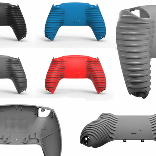 Vier PS5 Grip Gehäuse Softtouch Hüllen sind in schwarz, blau, grau und rot abgebildet. Jede ergonomische Abdeckung wird von der Rückseite angezeigt und verfügt über strukturierte Rippen, um den Griff auf Ihrem Bitro PS5 Controller zu verbessern.