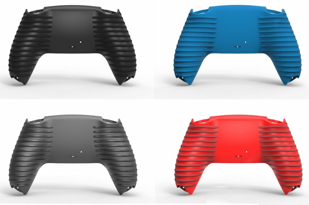Vier PS5 Grip Gehäuse Softtouch Hüllen sind in schwarz, blau, grau und rot abgebildet. Jede ergonomische Abdeckung wird von der Rückseite angezeigt und verfügt über strukturierte Rippen, um den Griff auf Ihrem Bitro PS5 Controller zu verbessern.
