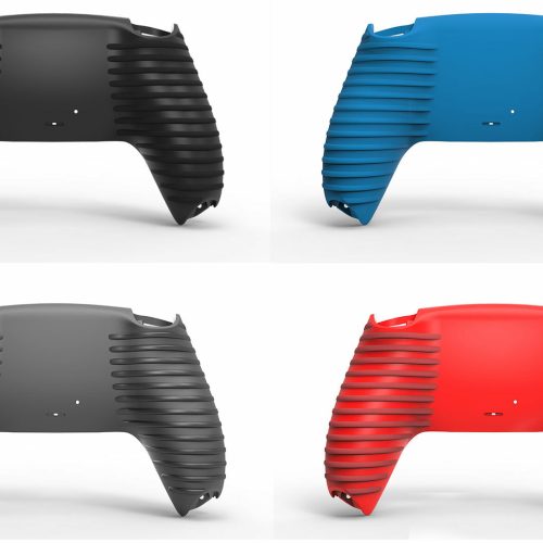 Vier PS5 Grip Gehäuse Softtouch Hüllen sind in schwarz, blau, grau und rot abgebildet. Jede ergonomische Abdeckung wird von der Rückseite angezeigt und verfügt über strukturierte Rippen, um den Griff auf Ihrem Bitro PS5 Controller zu verbessern.