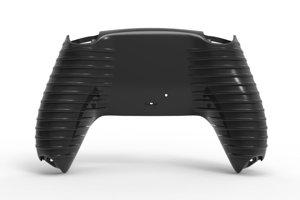 PS5 Grip Gehäuse Softtouch von hinten gesehen, mit gerippten, strukturierten Griffen und einem glatten Mittelbereich, positioniert vor einem einfarbig weißen Hintergrund.