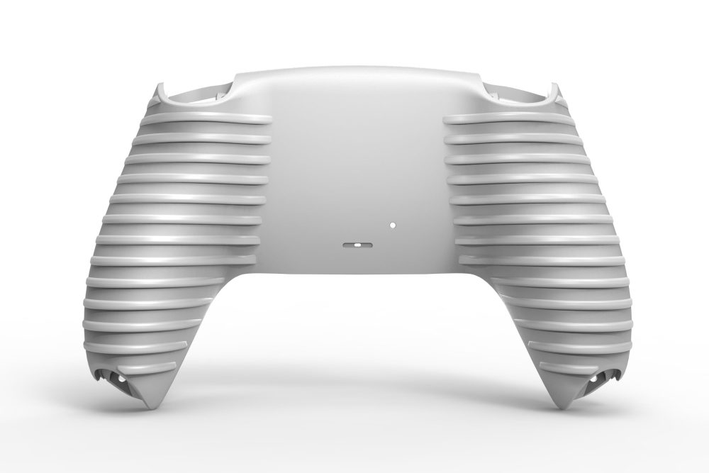 Das PS5 Grip Gehäuse Softtouch, eine weiße gerippte Rückenschale für den PS5-Controller, ist auf einem weißen Hintergrund mit strukturierten Griffen und einer glatten Mitte abgebildet.