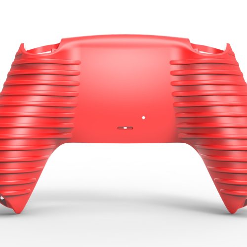 Das PS5 Grip Gehäuse Softtouch ist eine rote, gerippte Rückenabdeckung mit zwei Griffen für den PS5-Controller, dargestellt von hinten auf weißem Hintergrund.