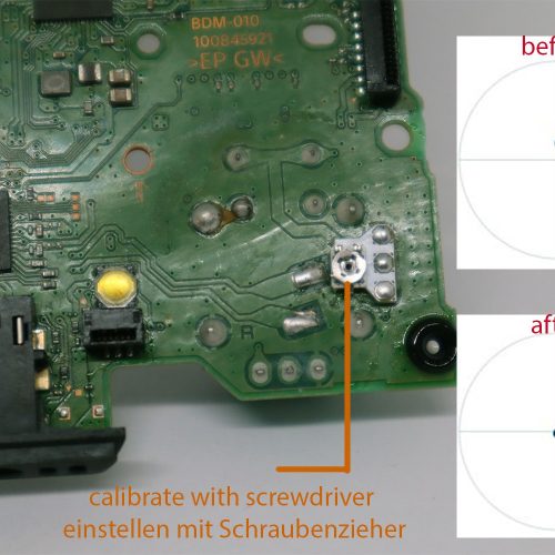 Das Stick neu kalibrieren Modul enthält eine Platine mit Schraubendreher-Kalibrierungsanleitung - ideal für PS5 Bitro-Controller. Einsätze: Fadenkreuzdiagramm zeigt vorher (dezentriert) und nachher (zentriert). Text: mit Schraubenzieher kalibrieren einstellen mit Schraubenzieher.